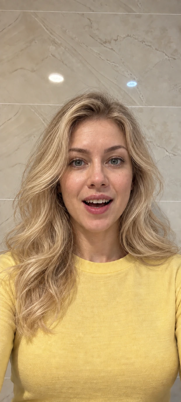 The same woman in a yellow top speaking in an iPhone mockup, looking directly at the camera