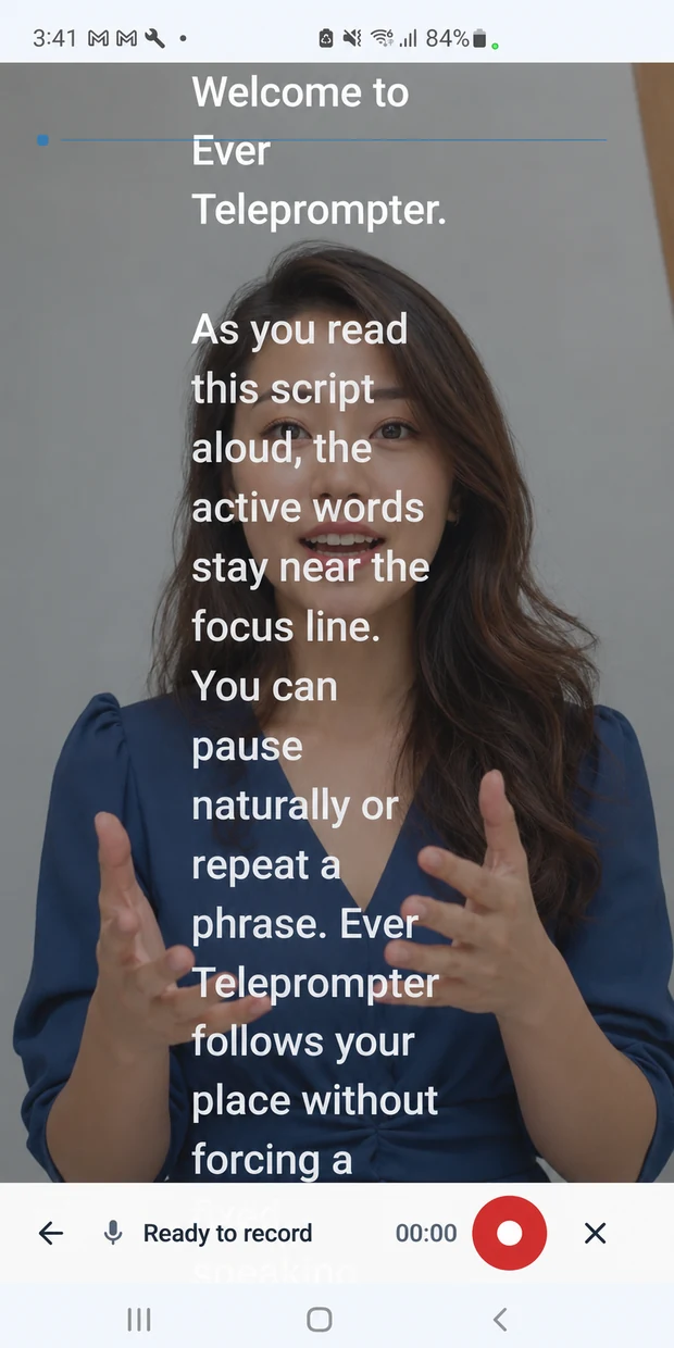 Android presenter with script text over the camera preview and controls ready to record