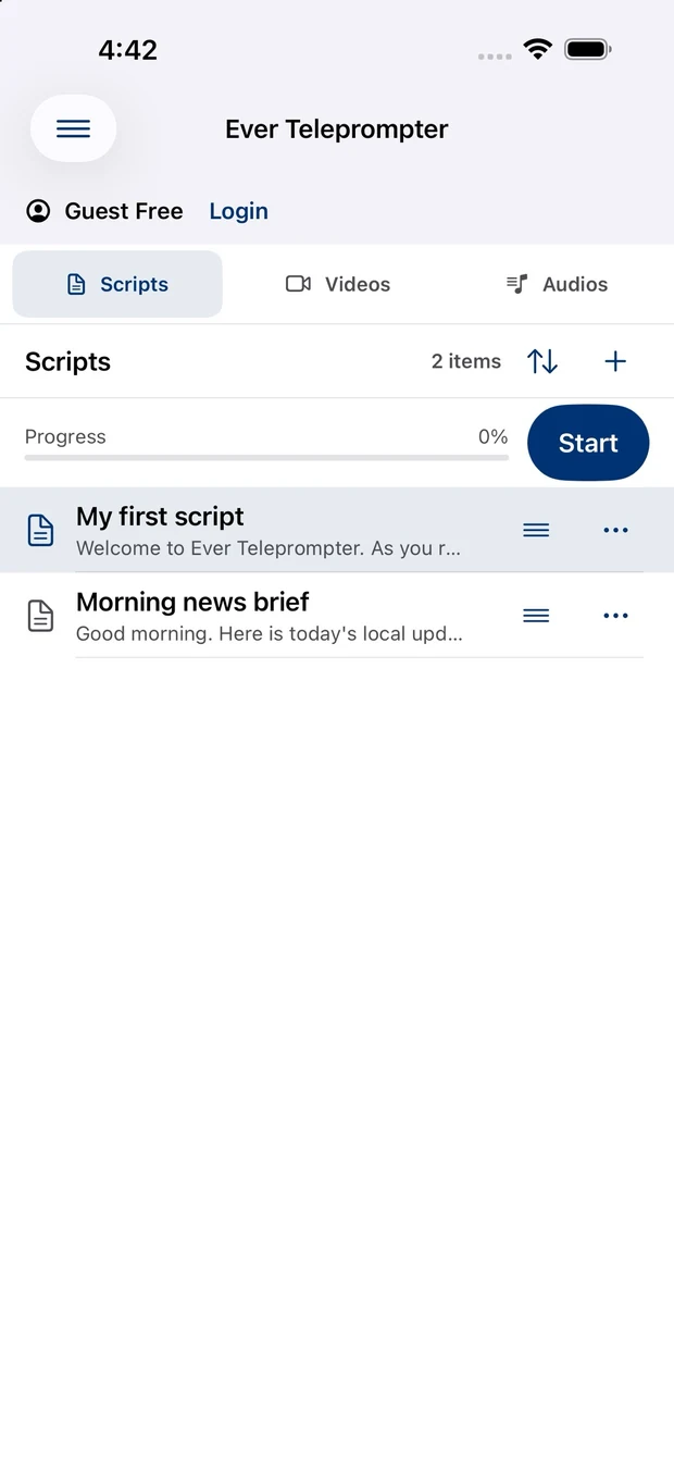 iOS script library with Scripts, Videos and Audios tabs and a Start button