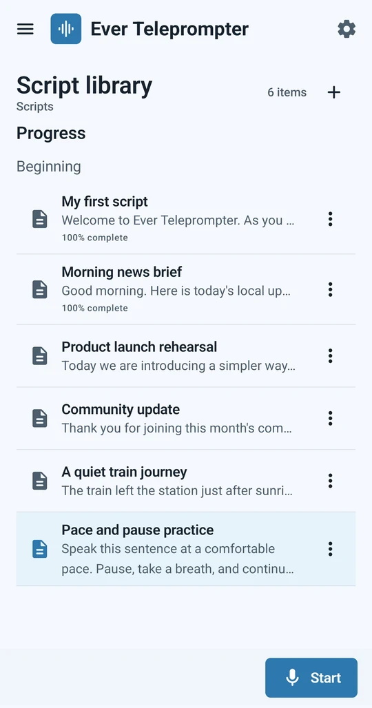 Script library showing six scripts, saved progress and a Start button.