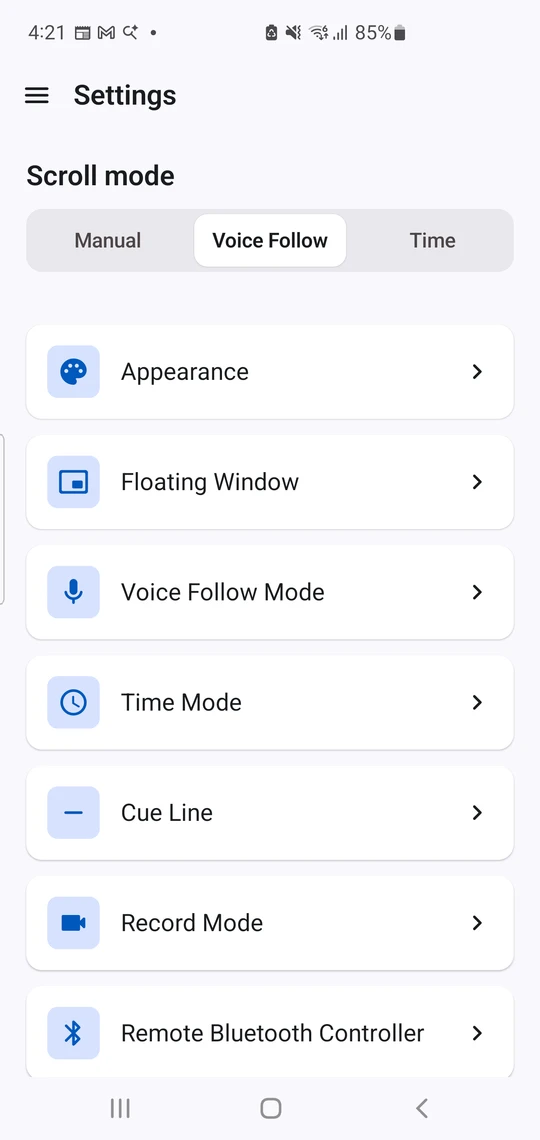 Settings screen showing Manual, Voice Follow and Time modes plus Appearance, Floating Window, cue line and recording controls.