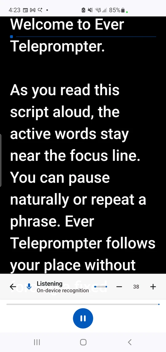 Live Voice Follow presenter showing Listening and On-device recognition.