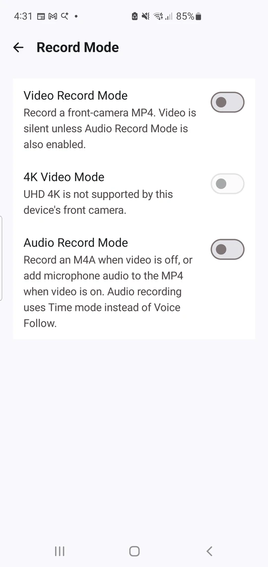 Ever Teleprompter Record Mode settings for front-camera video, optional microphone audio and supported 4K recording.